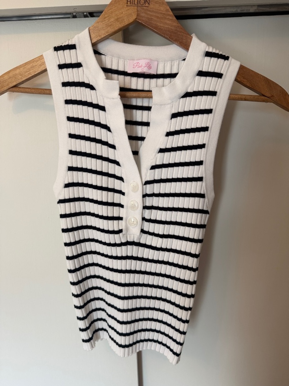Pink Lily White and Black Striped Ribbed Henley Tank
